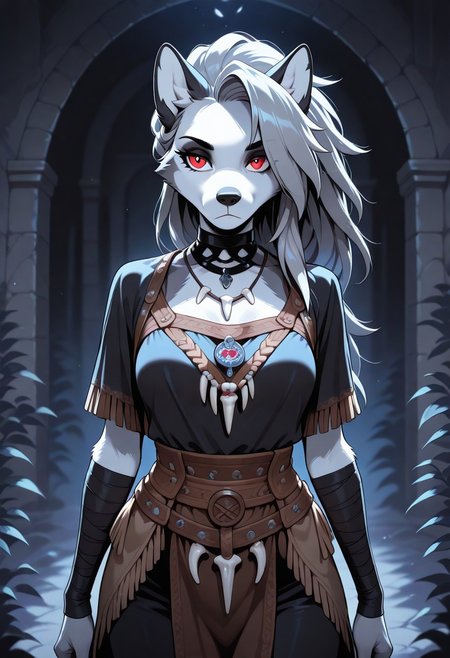 masterpiece, best quality, amazing quality, very aesthetic, flat colors, HVC-Illu, furry, anthro, loona, (Dreadlocks), Witchy silhouettes with lacing, fringe, and wraps, Bone or rune necklaces, FurryDalle, cartoon, toony,