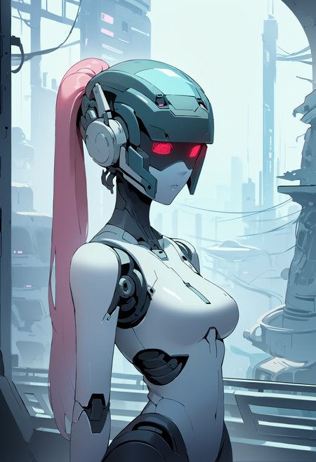 score_9, score_8_up, score_7_up, highly detailed, 1girl, medium breasts, female robot, robot girl, head screen, helmet, long pink ponytail, standing, luminescent futuristic screen, window, futuristic city in the background, screen for head, no face, head display with crt  glowing screen, digital eyes,
<lora:scav3ngersV4_epoch_2:1.8>,