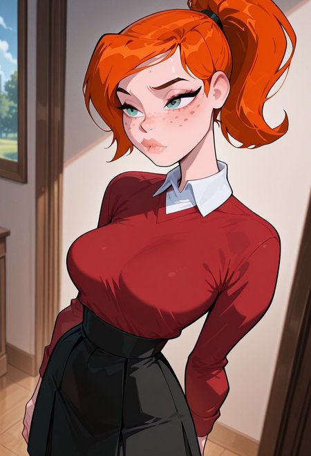 ((screencap, cartoon)) , masterpiece, best quality, amazing quality, very aesthetic, absurdres, newest,
ovgwen,  orange hair, 1girl,  freckles,, lips
ponytail, red shirt, white collar, black skirt, long sleeves,