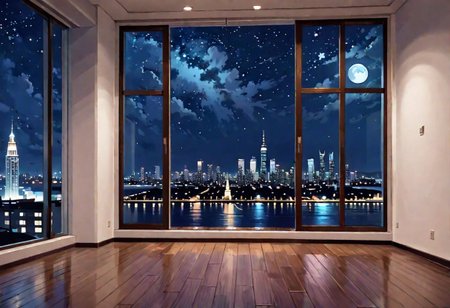 ((((front view)))), Shallow scene, ((animation style)), (((City high-rise building scenery))), ((((City scenery outside the window)))), ((sense of mystery)), (night), starry sky, moonlight, (weak light), (Facing the window), (open window), modern-style interior, Wooden floor, with white walls, (large windows), ((((sofa and coffee table by the window sill)))), carpet, a living room, (((Sofa placed horizontally))), (Behind the sofa is the window sill),
