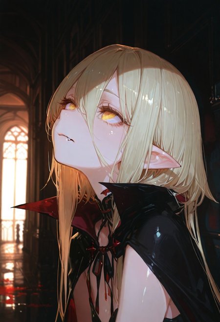 masterpiece, best quality, good quality, newest, highres, absurdres, volumetric lighting,gradient color,
BREAK 
raytracing, volumetric lighting, ambient occlusion, girl, background, masterpiece, best quality, very awa, absurdres, model style, 
BREAK
Vampire, fang, cape, pointy ears, blood
BREAK
masterpiece,amazing quality,best quality,ultra-detailed,8K,illustration,CG,shiny hair,clear skin,ultra-detailed-eyes, background,cute girl, eyelashes
