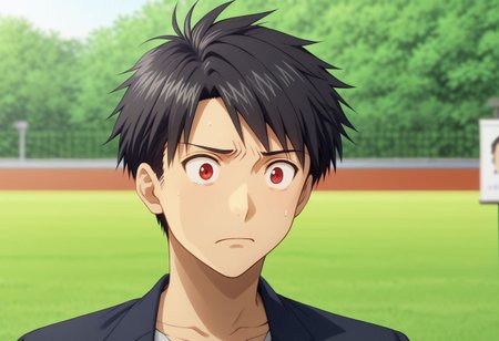 high resolution, solo, best quality, 1Boy, Yamato Ishida, Black Hair, Red Eyes, portraits, shocking, confused, outdoor, Half Body, Depth Of Field, OverallDetail