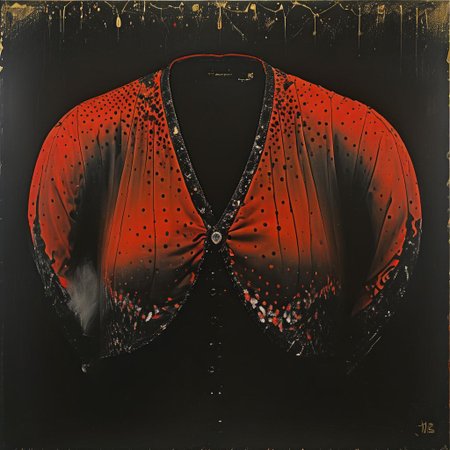 oil masterpiece painting style by Yayoi Kusama. lace bra, showcasing its glittery and elegant design. The bra is adorned with intricate patterns and sparkling embellishments, reflecting light as it catches the viewer's eye. The background is filled with particles, powder explosions, and splashes of color, creating a dynamic and dramatic atmosphere. The overall ambiance of the image is both fashionable and artistic, showcasing the true essence of high-end design
