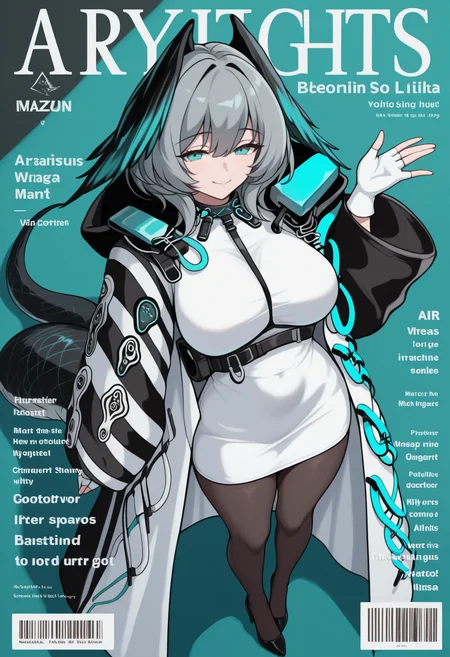 masterpiece, best quality, full body, from above, dutch angle, magazine cover, character name, english text, barcode, solo, 1girl, hlykdef, snake tail, long tail, smile, looking at viewer, standing, hand up, short hair, grey hair, hair between eyes, head wings, feathered wings, aqua eyes, long coat, white coat, open coat, long sleeves, short dress, white dress, pencil dress, strap between breasts, white gloves, fingerless gloves, black pantyhose, black footwear, high heels, infection monitor \(arknights\), large breasts
<segment:yolo-Anzhc Face seg 640 v2 y8n.pt,0.4,0.5//cid=1>