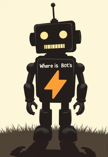 a worn out robot saying "Where is Bot's Buzz" SuchBuzzLogo silhouette cast shadow as foreground
