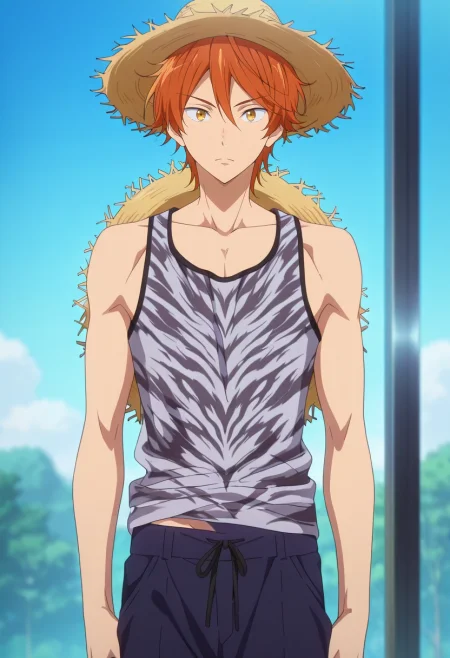 masterpiece, best quality, intricate details, anime screencap, , , looking at viewer, 1boy, solo, male focus, <lora:momotarou_mikoshiba_ilxl:0.9>, momotarou_mikoshiba, orange hair, yellow eyes, , Straight-leg chinos, Satin Gray Animal print Tank top, , Straw hat,