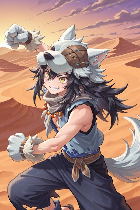 <lora:FlunkyIL:0.8> , fludef, 1boy, black hair, long hair, yellow eyes, wolf hat, wolf hood, wolf pelt, wolf tail, grey scarf, bandana around neck, necklace, tooth necklace, fur trim, blue vest, torn clothes, paw gloves, sandals, cowboy shot, (dynamic pose, action pose), exterior, desert, smile, solo, masterpiece, very aesthetic, absurdres, best quality, amazing quality, high resolution, detailed background,  <lora:illustrious_quality_modifiers_masterpieces_v1:0.8> , <lora:ChamIllustriousBackgroundEnhancer:0.5>