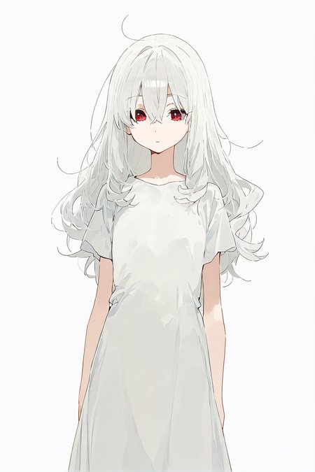 1girl, nai3-style1, solo, white hair, long hair, messy hair, red eyes, hair between eyes, expressionless, closed mouth, white dress, long dress, short sleeves, standing, peace sign, cowboy shot, simple background, white background, sensitive, masterpiece, best quality, good quality, newest <lora:artstyle-nai3-style1_illustrious01:0.9>