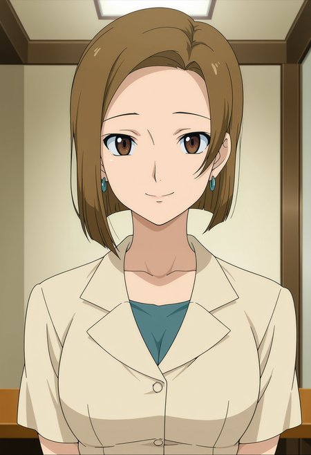 1girl,solo,Kinue,mature female,brown hair,short hair,brown eyes,earrings,anime coloring,
shirt,upper body,looking at viewer,indoors,smile
,masterpiece,best quality,amazing quality,<lora:Kinue_Crossroad-Mobile_Suit_Gundam_00:0.8>