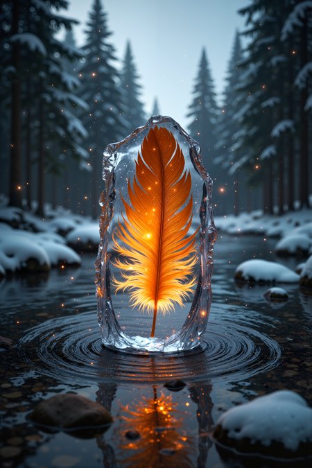 A hyper-realistic portrait, photorealistic photo close-up image of A shimmering, golden phoenix feather encased in a block of ice, floating gently down a slow-moving river in the heart of a dense, snow-covered forest. The feather, glowing with a warm, internal light, radiates tiny sparks of energy that crackle against the ice, sending ripples through the water. The block of ice, perfectly transparent, reflects the surrounding trees and the pale, wintry sky above, creating a surreal image of warmth and cold coexisting. The river flows steadily, carrying the feather along its winding path, while snowflakes drift lazily down, adding a layer of stillness to the scene. The forest, silent and pristine, seems untouched by time, with the only movement being the gentle flow of water and the featherâs subtle glow. The contrast between the vibrant, fiery feather and the cold, crystalline ice encapsulates a moment of balance, where opposing forces meet in harmony. Itâs a serene yet powerful image of natureâs contrasts, captured in a single, magical moment. (photography, high-resolution, dynamic, energetic,hyper-realistic, dramatic lighting, shallow depth of field.), detailmaximizer, MythP0rt<lora:midjourney_whisper_flux_lora_v01:0.55><lora:aidmaMJ6.1-FLUX-V0.1:0.4><lora:FluxMythP0rtr4itStyle:0.4><lora:detailed_flux_ntc:2.2><lora:aidmaImageUpgrader-FLUX-V0.1:0.65>