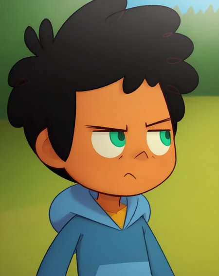 <lora:MaxCamp:0.8>, 1boy, solo, Max, black hair, green eyes, dark skin, blue hoodie, upper body, frown, outdoors,