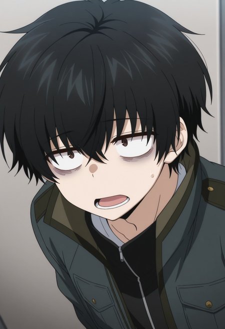 masterpiece,best quality,amazing quality, source_anime, 
KeitaroGentoga, 
1boy, male focus, black hair, solo, open mouth, bags under eyes, sanpaku, jacket, brown eyes
