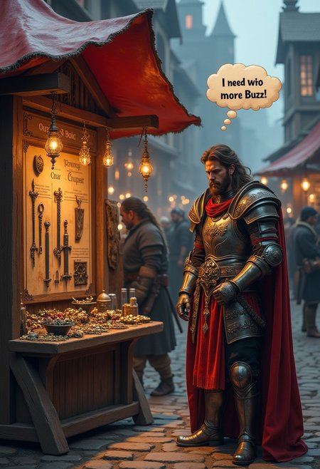 a fantasy medieval trading tent in the market, a blacksmith seller sells various fantasy weapons, weapons look like weapons from the game World of warcraft, weapons are enchanted with different charms, in front of this trading shop stands a paladin, a paladin in armor resembling armor from the game World of Warcraft, the trading menu is like in the game World of warcraft, the menu shows that there is not enough Buzz to buy, the paladin is sad, there is a cloud of thoughts above him "I need more Buzz"