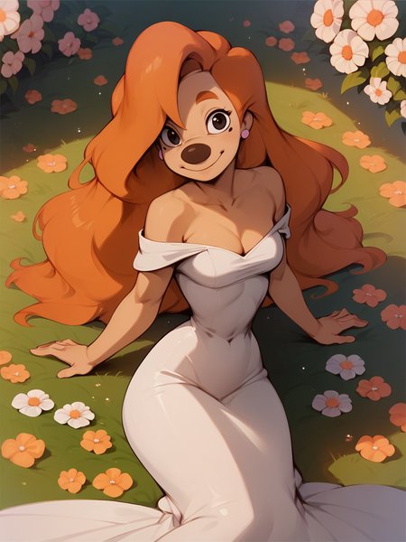 score_9, score_8_up, score_7_up, score_6_up, score_5_up,   <lora:roxanneXLP:1> roxanne, 1girl, solo, long hair, smile, orange hair, black eyes, curvy, white dress, flowers