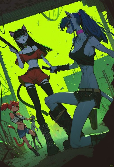 score_9, score_8_up, score_7_up, (cat girls), dystopian cyberpunk future, two street gangs hissing at each other, group picture, anthro, oversized giant boots, skinny, ready for a fight, holding a weapons, fierce and raging, long hair, choker, oversized street clothes, ear piercings, dutch angle, alternate hairstyles, growling