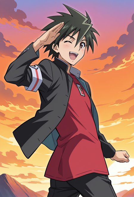 masterpiece, best quality, high quality, anime, solo, 
 <lora:AEKazuki_1:1>
AEKazukiDef, brown eyes, black hair, hair between eyes, spiked hair, armband, black jacket, long sleeves, open jacket, red shirt, black pants, 
happy, salute, open mouth, one eye closed, twisted torso, outdoors, orange sky,