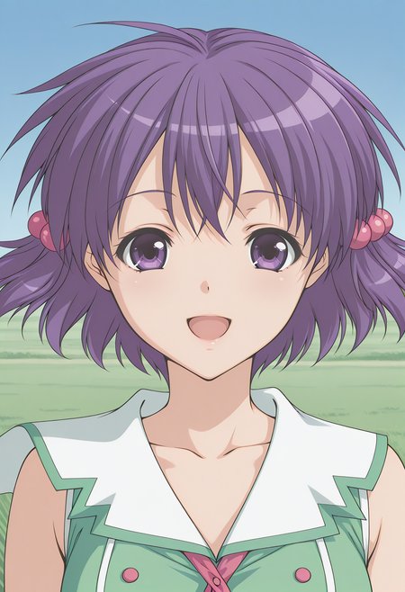 yuuki_chigusa, purple eyes, purple hair, short hair, hair ornament, hair bobbles,  necktie, green shirt, white sailor collar, sleeveless,  <lora:yuuki_chigusa_illustrious_ver1:0.8> 
smile,, masterpiece, best quality, sensitive,, 1girl, solo, blue sky, (grasslands:1.2), looking at viewer,, (upper body:1.2), (close-up:1.2), (facing viewer:1.2), (open eyes:1.4), (portrait:1.2)