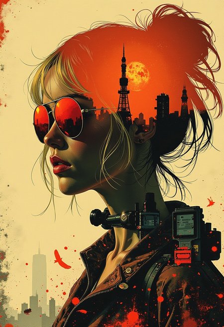 Inkplash art on rice paper, sepia, henna , Silhouette Art, magnificent, inksplash  double exposure, crisp lines, Osaka cityscape inside closeup portrait of stunning japanese woman, blonde loose  hair, mirrorred aviator sunglasses