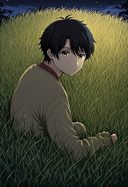 high resolution, solo, best quality, 1Boy, Inaho Kaizuka, Black Hair, grass, middle night, sky night, beautifull night, OverallDetail