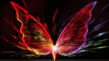 masterpiece, best quality, no humans, abstract, abstract background, colorful, colorful palette, red theme, glowing, single butterfly, (huge butterfly:1.5), red butterfly, red aura, energy, water, nebula, dark theme, horror \(theme\)