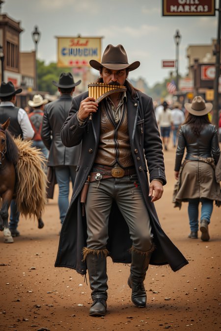 ,gunslinger clothes,cowboy vest, cowboy trousers,cowboy hat,sheriff star,long coat, in a wild west town,tumbleweed,high noon,town street,wild west town, ,playing panflute , detailed background  Fantastic lighting. Detailed shadows.intricate details, vivid colors, hyper-detailed, ultra-sharp, <lora:PANFLUTE_FLUX>, <lora:FluxMythR3alisticF:0.4><lora:midjourney_whisper_flux_lora_v01:0.4><lora:aidmaMJ6.1-FLUX-V0.1:0.4><lora:Movie_Portrait:0.4><lora:Flux DetailerV2:0.4>