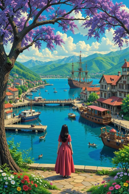 harbor beautiful  landscape, day, woman, very intricate, very detailed, sharp, bright, colorful, <lora:Hand v2:0.5> <lora:Anti-Blur:1><lora:Insane Detail Slider:0.25>  <lora:flux.1_lora_flyway_Epic-detail_v2:0.3> <lora:fluxenhancer:0.25> <lora:Anime_style:0.6> anime style