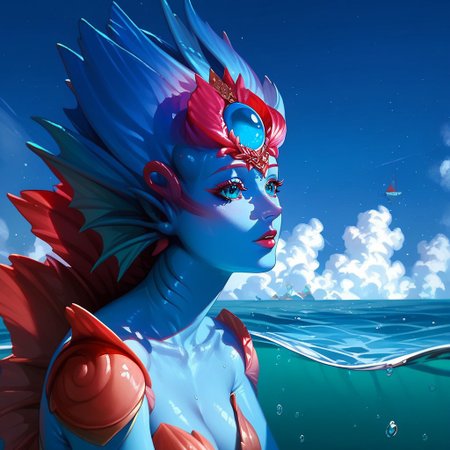 score_9, score_8_up, (high quality), highly detaily , Expressiveh, solo, beautiful, 1 girl, Kiora, Kiora from Magic: The Gathering, merfolk, (((monster girl))), monster, blue skin, beautiful eyes, opened eyes, (perfect body), (she is in the ocean)