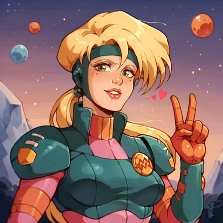 score_9, score_8_up, score_7_up, score_6_up, score_5_up, score_4_up,  <lora:NaraBurns_XL:1> naraburns, blonde hair, green eyes, lips, ponytail, headband, smile, peace sign, hearts, space, night, cartoon, flat colors, retro artstyle,1980s (style), armor, bodysuit,