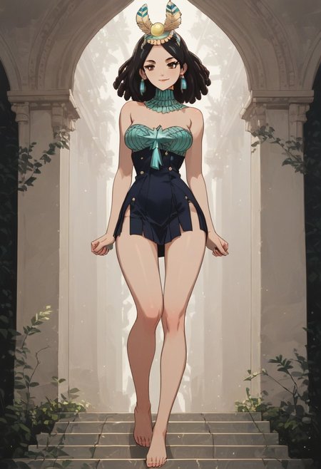 <lora:add-detail-xl:1.3>, score_9, score_8_up, score_7_up, score_6_up, score_5_up, score_4_up, rating_expilcit, 16K UHD, ng_deepnegative_v1_75t, masterpiece, highest quality, 1girl, solo, slimes_amaryllis, black hair, brown eyes, undressing, medium breasts, breast exposed, bare shoulders, bare legs, bare feet, g0thicPXL, sexy pose, pinup pose, seductive smile, horny, biting lips, Expressiveh, dynamic angle, (cartoon), afrobullstyle, vivid colors, colorfull, full body shot, negative_hand, sunny day, temple background