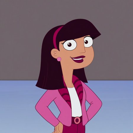 score_9, masterpiece, 1girl, Solo, female focus, AmandaL_MM, olive skin, dark brown eyes, deep burgundy hair, straight hair, shoulder-length hair, straight fringe, magenta headband, deep pink lips, light pink small spherical earrings, bright pink cardigan, white crop top, magenta pants, belt with a light pink circular bucklee, bright pink flats, big eyes, medium stature, standing, cowboy shot, room background, looking at viewer, perfect eyes, full body