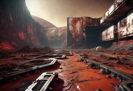EdobHorrorLandscape,
A landscape of a deserted mars base,
hopeless, nightmare, 
trash, corpses, blood,
HDR, HD textures, intricated details, 8k,