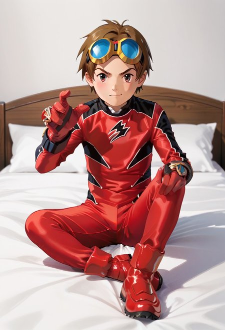 score_9, score_8_up, score_7_up, zPDXL2, 
1boy, solo, goggles on head, brown hair, 
,sitting on bed,
geki red, red bodysuit, black markings,   red gloves, red boots,