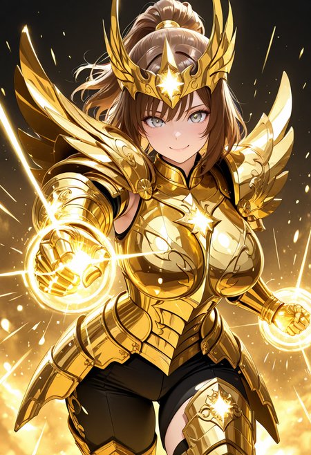 masterpiece,best quality,amazing quality, very aesthetic, ((outlined outlined vector graphics)), cute face, (glow eyes:0.5) ,  from front,  looking at viewer ,detailed background,
1girl,
20yo, brown hair, gray eyes, (large breast:1), (ponytail:1.1), medium hair,(curvy:1.1),bangs,
,solo,cute face,
happy   ,  gold armor, golden-mythril-armor , headwear , glowing, glittering , fantasy, glimmering , pants , action pose, clothed <lora:golden-mythril-armor-il-01:0.8>