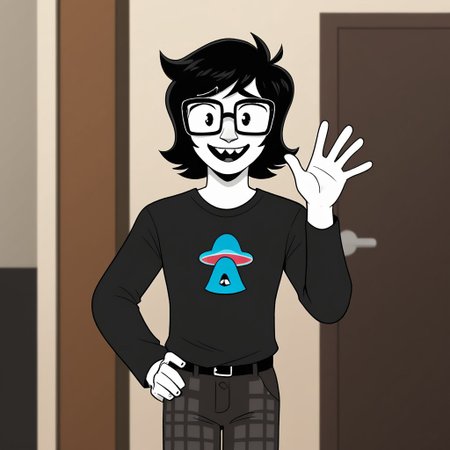 1boy, solo, judeharley, black hair, white skin, buck teeth, glasses, medium hair, shirt, pants, nervous, waving, smile,
BREAK,