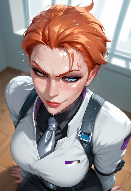 MAIDOLL,
score_9, score_8_up, score_8, anime style, source_anime, 
BREAK, 
1girl ,solo, beautiful mature female, gilf, voluptuous, curvy, looking at viewer, masterpiece, high detailed skin,  mature female, motherly, character focus,  depth of field,, curvy, EyesHD, 
moiraxl,heterochromia,short hair,orange hair,red eye,blue eye,smug, white lab shirt, white lab coat,,tie,right demon arm,looking at viewer,harness,belt,  eyeliner, smokey eyeshadow, 
,seductive smile, sultry, ,blush, embarrassed, from above, 
,hips, waist,
,indoors, sweaty, wet hair,
,makeup, eyeshadow, 
(pinup pose, dynamic pose, upper body, seductive pose, dynamic angle, dutch angle, waist, leaning forward, sitting, dynamic action photos,)
,cinematic, masterpiece, best quality, ultra-detailed, very aesthetic, high res,
, pureerosface_v1, Expressiveh, intricate_details_xl,