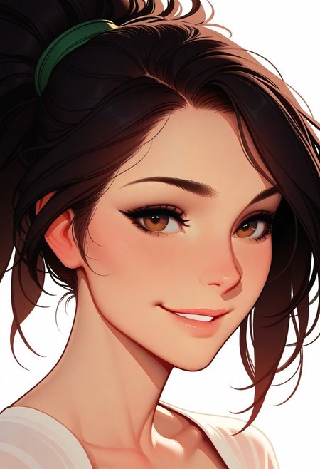 Artist : Tsuaii, Artist : Incase, flat colors, high detailed, high quality, masterpiece, 
1girl, portrait, (neutral white background), dynamic lighting, looking at viewer, wide smile,(Akali league of legends:1), dark hair, asian,