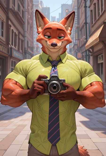 (masterpiece, best quality:1.2), amazing quality, very aesthetic, 32k, absurdres, extremely beautiful, newest, scenery, extra details, (sharp detailed:1.2),
solo, city street, sunny day,
green shirt, tie,  smiling, waking toward camera,
(anthro:1.5), (nickwilde:1.2, male anthro fox), two tone fur, fox ears, red fur, white fur, green eyes,
 <lora:Furry_Anthro_Lora_Nick_Wilde_Zootopia:0.8>
Muscle, bigger_muscles, large_muscles, hyper_muscles, huge_muscles,hyper muscles, huge_muscles, biceps, enormous_muscles, huge_biceps, huge_pecs; inflated_muscles, muscleblimp, gigantic_pecs, gigantic_biceps, gigantic_muscles, massive_muscles, massive_biceps, massive_pecs, muscular_chest, gigantic_body