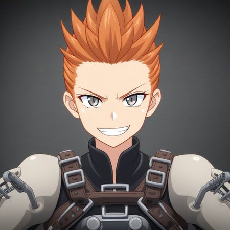 mana_sk style, portrait, focus on face, a determined battle engineer girl with short, slicked-back copper hair and steely gray eyes, wearing a heavy leather harness with gears and tools attached, a smudge of grease on her cheek and a confident grin, faint sparks flying in the background, Japanese RPG style, industrial and dynamic atmosphere, intricate details on her harness and tools