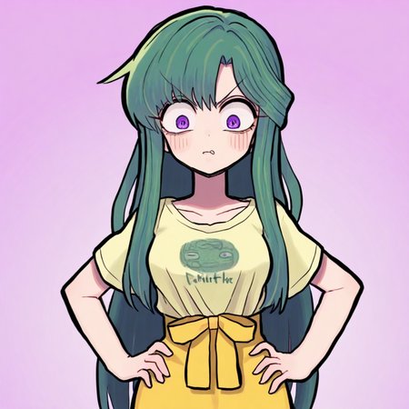 <lora:GashiStyle-ILL:1> gashigashi
BREAK
 1boy, solo, long hair , green hair, purple eyes, yellow outfit, Half-up, half-down hairstyle, Button-Front Skirt and Graphic Tee,  Hands on a hip, tilted to the side, Doubtful expression
 <lora:Best_Facial_Expression_Helper_XTREME_ILLU:1> kaogei