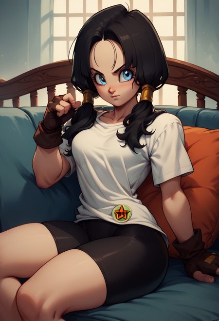 score_9, score_8_up, score_7_up, score_6_up, BREAK,uncensored,, lounging on couch,erotic lingerie,
Videl, blue_eyes, black_hair, long_hair, low_twintails, small_breasts, black_shorts, bike_shorts, white_shirt, fingerless_gloves, black_gloves