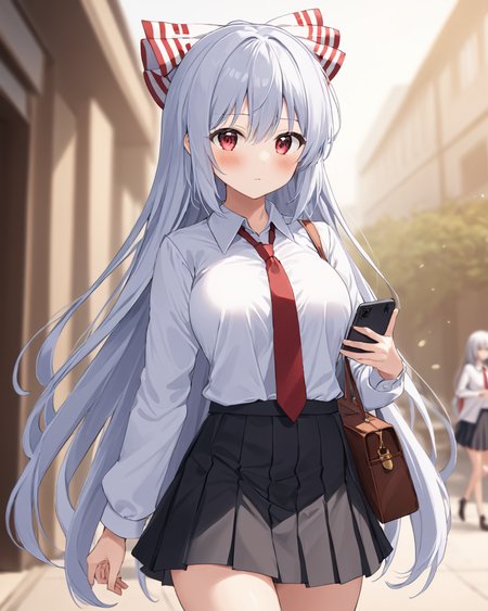 fujiwara no mokou,1girl, solo, red_necktie, bag, white_shirt, hair_bow, school_uniform, looking_at_viewer, white_bow, outdoors, holding_phone, alternate_costume, black_skirt, blurry_background, long_sleeves, blush, collared_shirt, closed_mouth, standing, breasts, smartphone, pleated_skirt, cowboy_shot, twitter_username, hime_cut
<lora:fujiwara_no_mokou_image4672_2023-12-14-000008:1>,star-shaped_pupils,symbol-shaped_pupils,. gorgeous,key visual, vibrant, studio anime,award-winning, professional, highly detailed,high budget, cinemascope