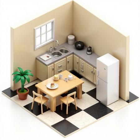 <lora:Isometrica_Flux:1> isometric of a kitchen and breakfast table, checked floor, fridge, cake on the table, potted palm plant in the corner, realistic, photo,  <lora:amateurphoto-6version:0.5> Amateur photography of               , on flickr in 2007, 2005 blog, 2007 blog