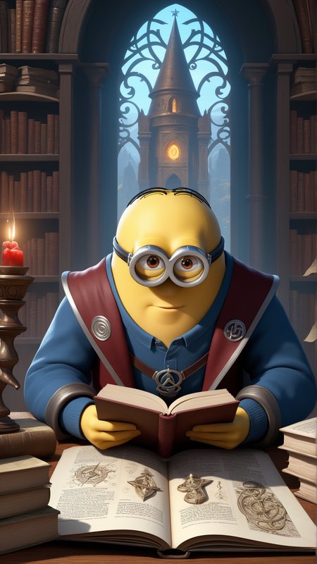 fantasy, archaeology  theme, <lora:MinionStyleXL:1> MinionStyle (style-swirlmagic:1.0), portrait, solo, upper body, looking at viewer, detailed background, detailed face, intricate details, (<lora:Concept - Blood Magic:0.5>, swirling blood,  magic, bloodmagic theme:1.1) scribe sitting at desk, simple clothes, researching, focusing, clutter, surrounded by books,  maps,  scrolls, swirling magical symbols,       magic aura, floating magical symbols, magic emerging from text, ancient magic, knowledge,    archive in background,  magical fantasy atmosphere, as a minion