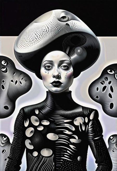 raw sketch of interwoven concrete cement pebbles cob cobblestone shell scales, by Bellmer, by Malevitch, by Kandinsky, Surreal psychedelic bizarre, psychedelic hallucination, pop surrealism, rough crosshatch drawing pop art Lunatic_Portrait of a young woman in latex Avant-garde Fashion page, slick back, low bun, black makeup, sinister expression, intense glare, (melting flesh covered in moss, rot, mold, bubbles, droplets:1.5), avant-garde, abstract, weird, geometric, constructivism, suprematism, rayonism, verticism, lineism, tj