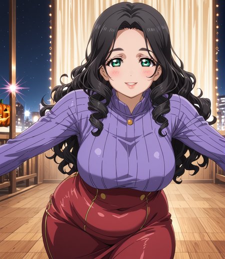 PonyScores7, source_anime, ah1, BREAK 1girl, (curly hair), long hair, (black hair:1.3), mature female, (parted hair:1.7), (round face:1.2), (thick eyebrows), (curvy), round-chin, (greenish hazel eyes), caucasian, (downturned eyes:1.2), (plump face), <lora:ETO_OCPonyXL:0.5> eto_oc, skindentation, (plump), thick thighs, wide hips, busty, voluptuous, kinky curls, lips, <lora:venus body PonyXL:0.4>,  (shy, blush, smile, friendly), (Running, arms pumping), (stage, stage lights), looking at viewer, (<lora:halloween dress 2024:0.8> halloween, halloween fantasy), BREAK <lora:xl_more_art-full_v1:0.2>, <lora:shinyskin2:0.2> glistening skin, <lora:aesthetic_anime_v1s:0.2>, <lora:Expressive_H:0.2> Expressiveh, <lora:hairdetailpxl:0.2> hairdetailpxl, <lora:EpicF4nta5yXL:0.2>, <lora:detailxl:0.2> detailxl, <lora:Fant5yP0ny:0.2>, best quality, amazing quality, best aesthetic, absurdres, <lora:expressive eyes:0.2> expressive eyes, <lora:eyedetailpxl:0.2> eyedetailpxl, illustration, Volumetric_Lighting, ultra-detailed, very aesthetic, intricate details, 8k, masterpiece, best_quality, BREAK (long shot), BREAK <lora:Eyes_High_Definition:0.3> EyesHD, Stable_Yogis_PDXL_Positives, AS-Adult, <lora:Complicated fantasy portrait - XL Pony V2.0:0.4>, bad-hands-5, <lora:Love_Live:1>