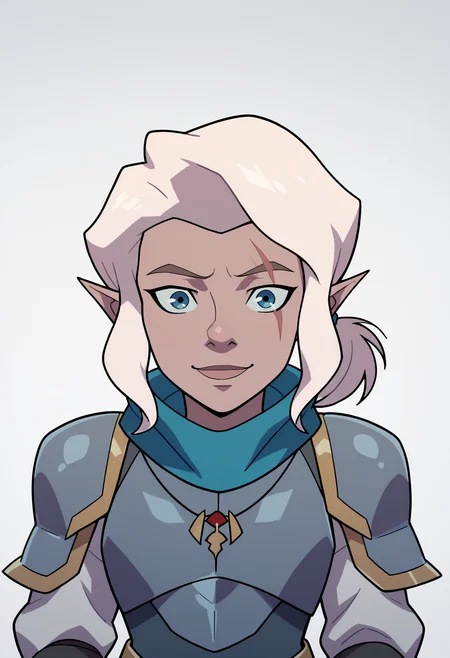 score_9, score_8_up, score_7_up, BREAK,
1girl, pike, white hair, ponytail, blue eyes, scar across eye,
pointy ears, gnome,
blue scarf,   necklace,
armor, breastplate, pauldrons, 
upper body, smile, solo, looking at viewer, simple background, white background    <lora:PikeTrickfootPDXL_byKonan:1>