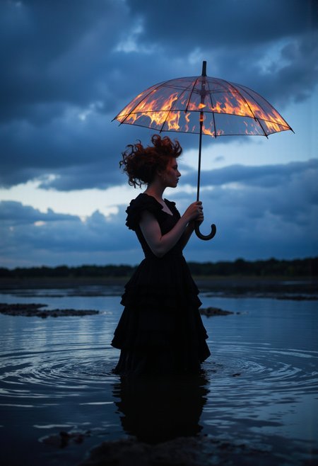 NyxBorne. A photo-realistic shoot from a profile camera angle about a silhouette of a woman standing in water, holding an umbrella with a flame-like design, against a blue sky with clouds. the image also shows a woman in the middle of the image, who appears to be a slender figure, wearing a long, black, ruffled dress, standing in shallow water. she is facing away from the viewer, with her back to the camera, and her full body visible. the woman is standing in the water, with the water rippling around her, creating a sense of depth and movement. her hair is styled in an intricate, feathered manner, and she is holding a large, transparent umbrella that is emitting a bright, orange flame. the lighting is dramatic, casting a warm glow on the woman's face and the surrounding water.