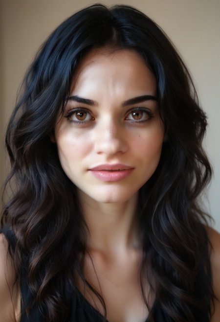 realistic, 42yo girl, long wavy black hair, brown eyes, UHD, photorealistic, best quality, masterpiece, 16K, cinematic
