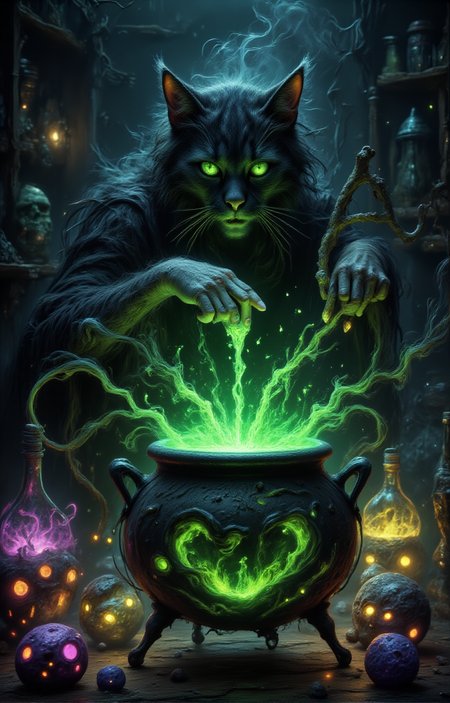 Fear, nightmare, In the heart of a shadowy forest, where the trees twisted like gnarled fingers and the moonlight barely pierced the dense canopy, stood a crooked little cottage. Inside, the air was thick with the scent of herbs and something more sinisterâa potent, bubbling concoction simmered in a cauldron, its green hue casting an eerie glow.
At the center of it all was Gwendolyn, the infamous evil witch. Her wild, tangled hair framed a horror face that was both mesmerizing and terrifying, with piercing green eyes  and long fingernails that sparkled with mischief and malice. As she stirred the cauldron green aura smoke rises with a long, twisted stick, a high-pitched cackle erupted from her lips, echoing off the walls like the sound of a thousand broken promises. Behind her a shelf full of skulls and various glowing green, yellow, purple potions.
By her side, perched on the edge of the table, was her loyal companion, a sleek black cat named rainbow aura Midnight. With fur as dark as coal and aura eyes like glowing embers, he watched Gwendolyn with a blend of admiration and amusement. Occasionally, he would flick his tail or let out a soft purr, as if encouraging her wicked plans. 
 <lora:HORROR_2_FLUX:1> <lora:aura_v2_beta2:1>