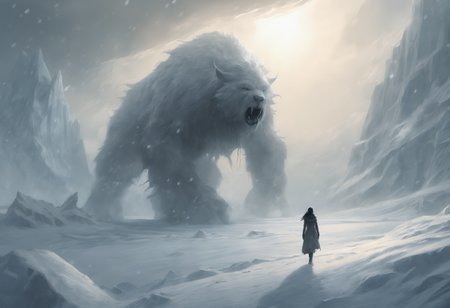 The monochromatic painting decipts two creatures, a wanderer observing a colossal frost-giantess of supernaturally beautiful appearance. She is walking barefoot through the snow. The background is dominated by ice and snow, creating a cold and hostile atmosphere. A blizzard rages and envelops the scene, adding to the intensity. The blizzard makes her appearance even more dramatic.

concept art, photo bashing, digital painting, matte painting, megascans, octane rendering, god rays, ray tracing, lumen, high-resolution
